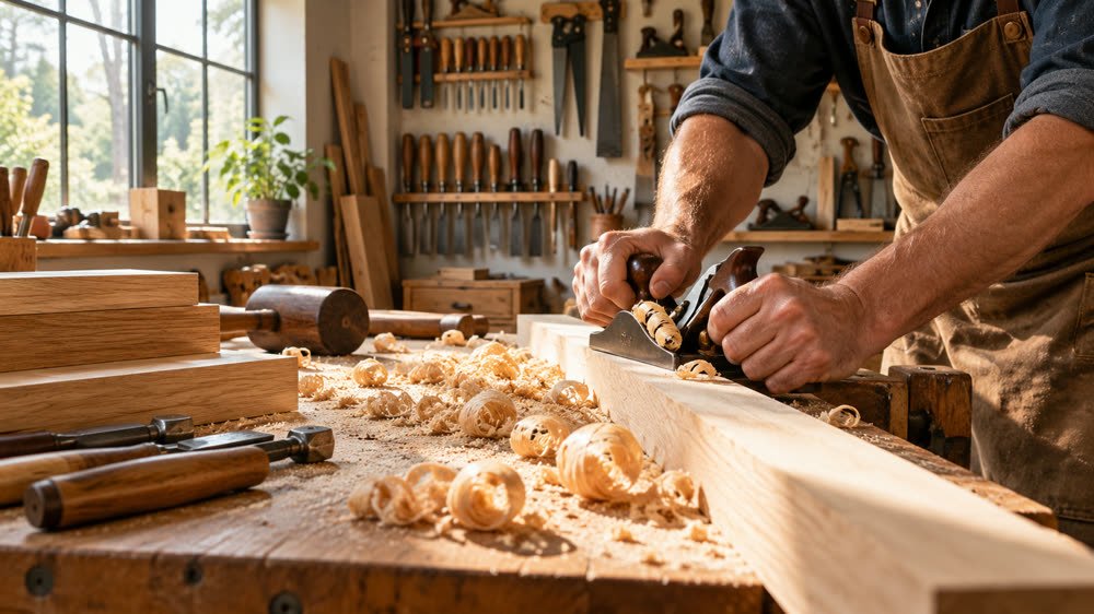 Image d'illustration : menuisier rabotant une planche dans son atelier