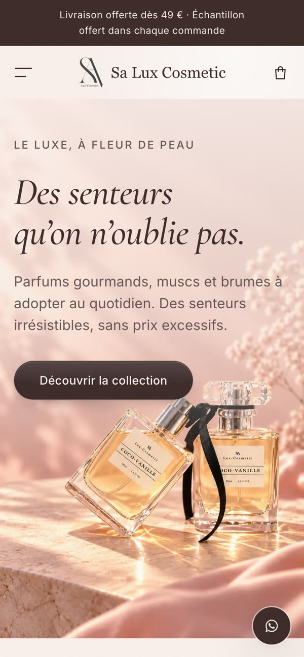 Accueil de la boutique en ligne Sa Lux Cosmetic sur téléphone