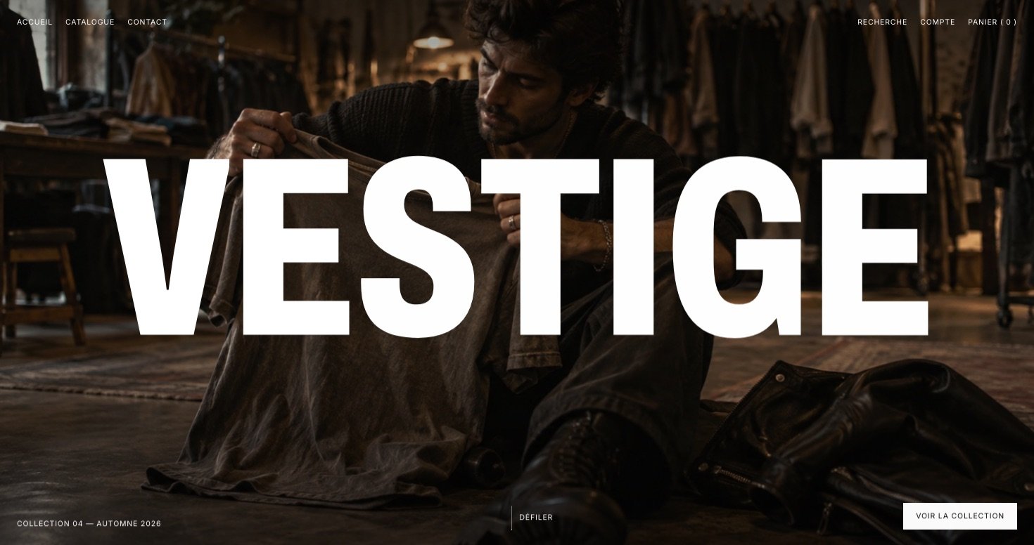 Accueil de la boutique fictive VESTIGE